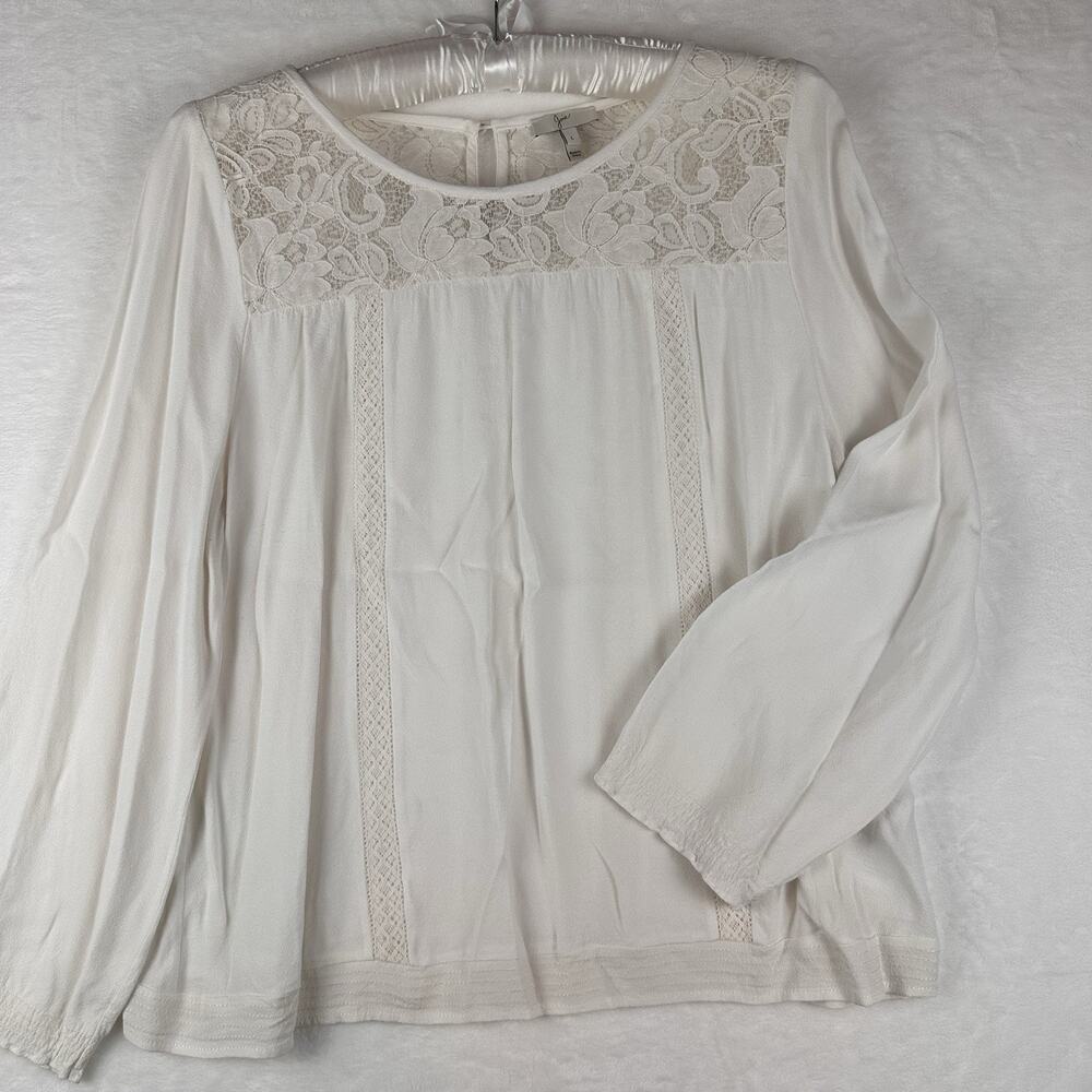 Joie Porcelain White Lace Yoke Blouse Size L Boho Viscose Flowy Fall Cottage